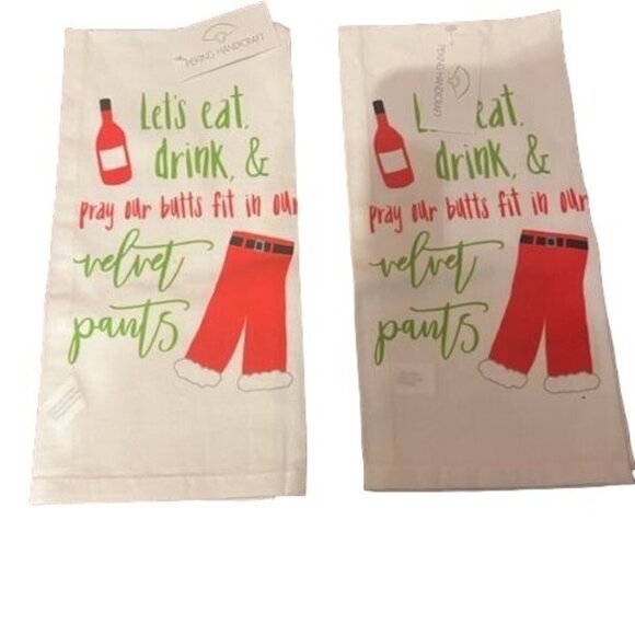 Lets Eat Drink & Pray Our Butts Fit Our Pants Christmas Kitchen Towel set of 2 - Picture 1 of 6